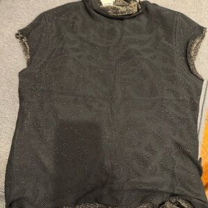 Black Short-Sleeve Knit Top with Sheer Pattern